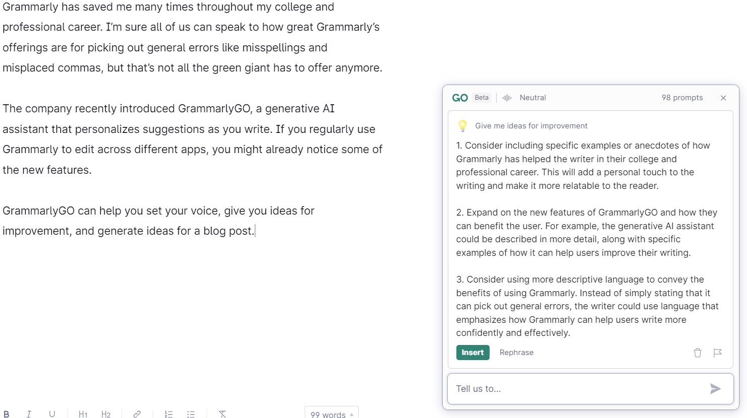 GrammarlyGO in action.