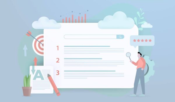 Illustration showing SEO search intent concepts, including search rankings and target keywords.