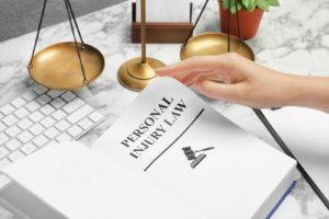 A person's hand turning a page in a book titled 'PERSONAL INJURY LAW.'