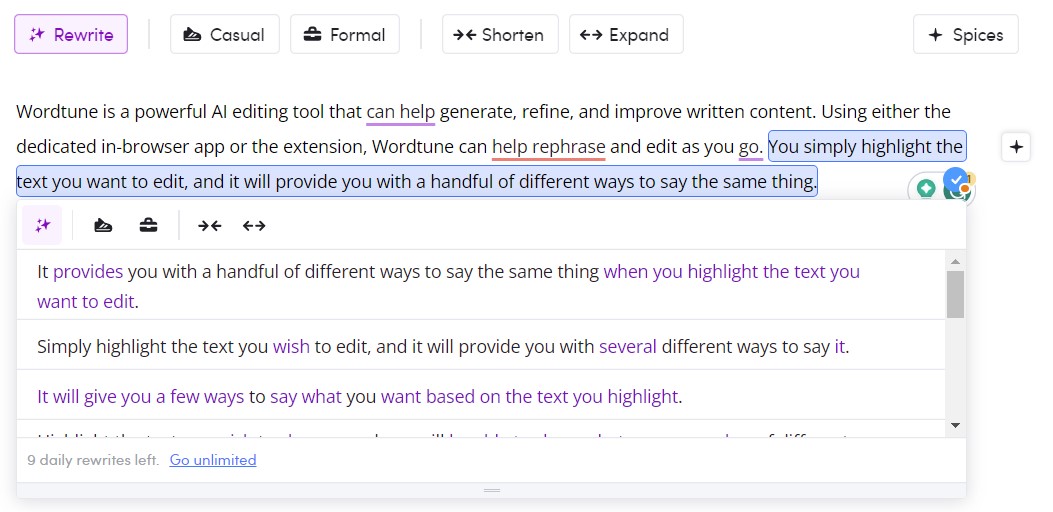 The Wordtune app rephrasing a sentence.