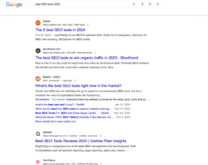 SERP for "best SEO tools 2023," demonstrating commercial intent.