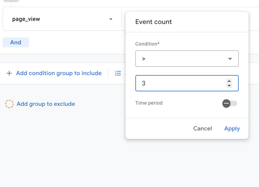 event count parameter of greater than 3 page views 