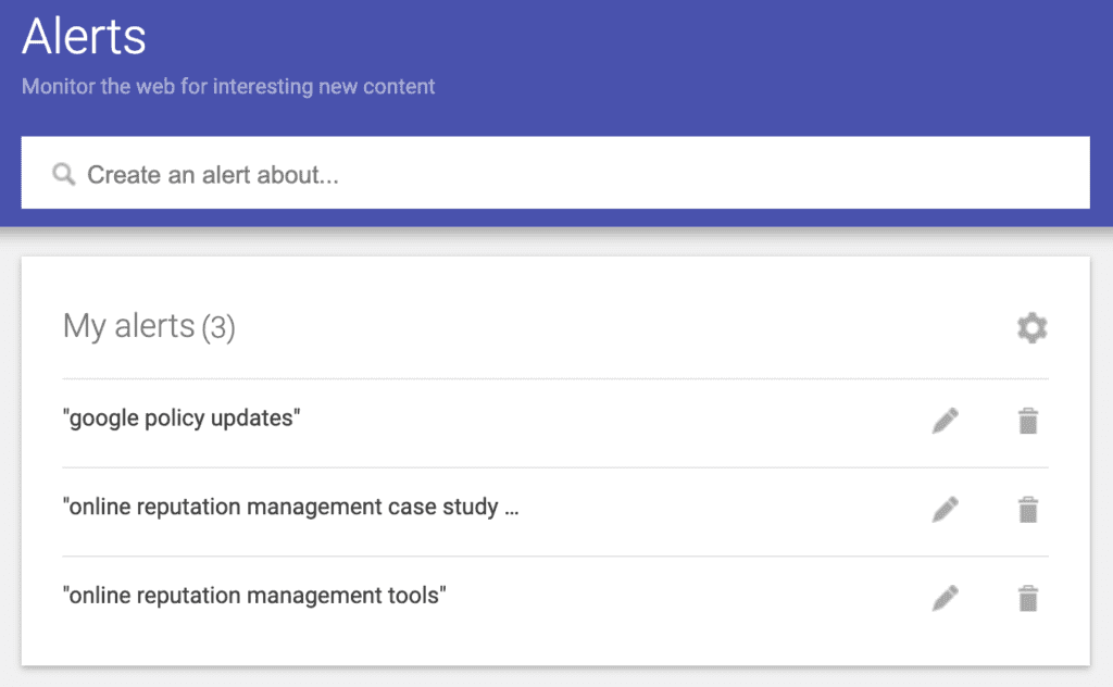 Screenshot of Google Alerts tool