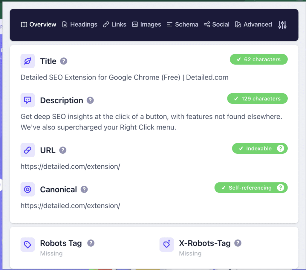 Screenshot of a tool called Detailed SEO that shows some of the features of the tool