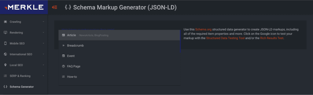 Merkle article schema display.