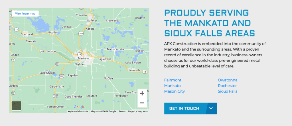 APX Construction company website showing location pages for SEO