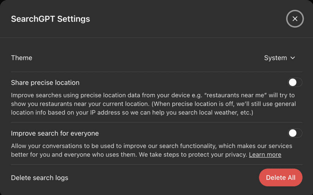 searchGPT Settings