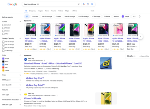 SERP for "best buy iPhone 14," demonstrating a transactional intent. 